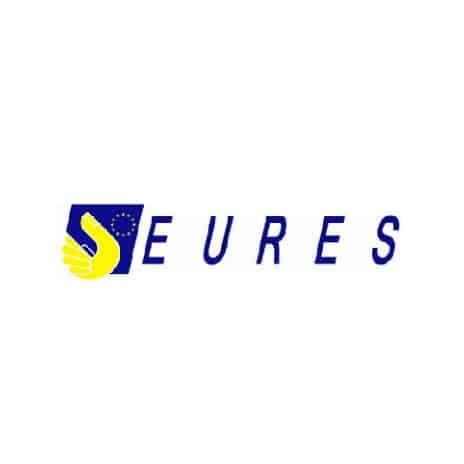 Logo EURES (Services européens de l'emploi) avec un pictogramme bleu et jaune à gauche représentant un "E" stylisé et un drapeau européen partiel, suivi du texte « EURES » en bleu à droite.