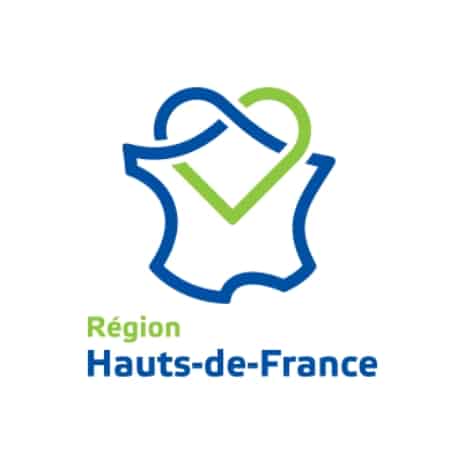 Logo de la Région Hauts-de-France représentant une carte stylisée de la France dont le nord est dessiné par un cœur entrelacé bleu et vert, avec le texte « Région Hauts-de-France » en dessous.