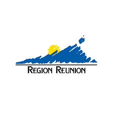 Logo officiel de la Région Réunion illustrant un volcan stylisé bleu avec un soleil jaune, surmontant l'inscription "REGION REUNION".
