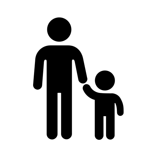 Pictogramme noir représentant un adulte tenant un enfant par la main, symbolisant la famille ou la parentalité.